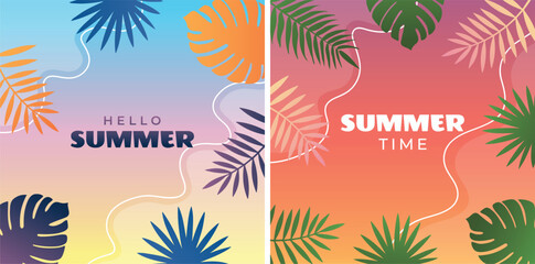 Obraz premium Summer vector tropical background with colorful gradient, palm leaves frame and modern typography for posters, social media, banners and seasonal design.