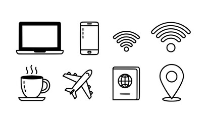 A set of travel and technology icons in a minimalist flat design style © MdLiton