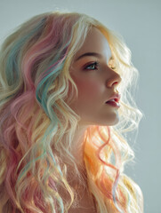 Fototapeta premium Profile portrait of a young woman with long curly hair dyed in pastel shades of pink, blue, and blonde, illuminated by soft natural light against a neutral backgroun