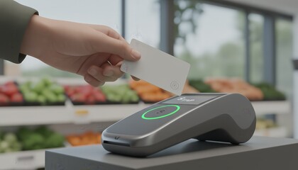 Fototapeta premium Hand holding an blank unbranded credit card, making a contactless payment at a modern point of sale terminal in a retail store, showing the convenience of tap to pay technology