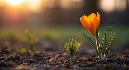 Obraz premium Close-up of vibrant orange crocus flower in bloom, bathed in golden sunlight