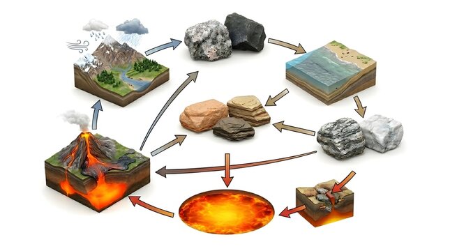 Blank 3D Educational Diagram of the Rock Cycle and Geological Processes
