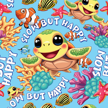 Cute and Happy Little Sea Turtle Kawaii Style with text "Slow but Happy", Vector Seamless Repeat Pattern EPS, perfect for all over print tshirts, cloths, or other supports. Vector Customizable EPS