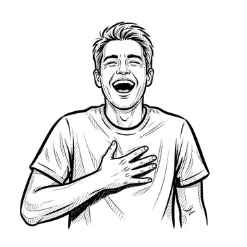 Man Laughing Heartily with Hand on Chest, Expressing Joy and Amusement