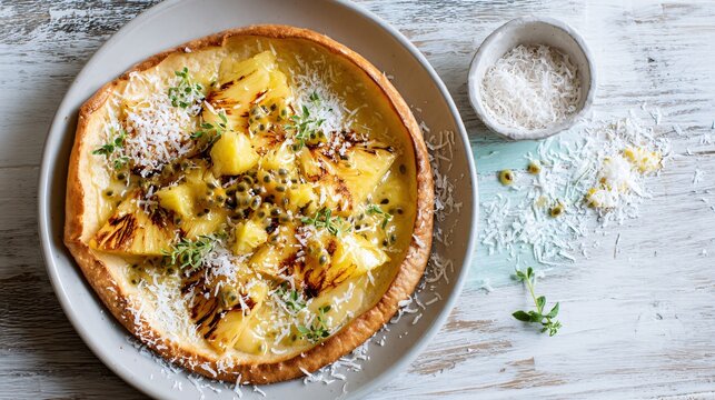A tropical-inspired Dutch baby pancake topped with grilled pineapple, toasted coconut, and passionfruit glaze set on a whitewashed wooden surface with soft beachy tones
