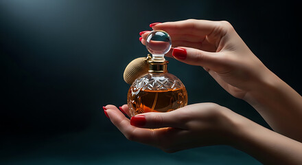 Female Hand Holding Vintage Perfume Bottle with Red Nails