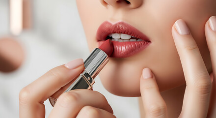Close Up of Woman Applying Red Lipstick for Perfect Makeup Look