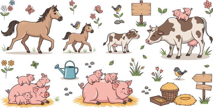 Farm animals collection with horses cows pigs barnyard elements flowers and signs cartoon rural agriculture illustration set
