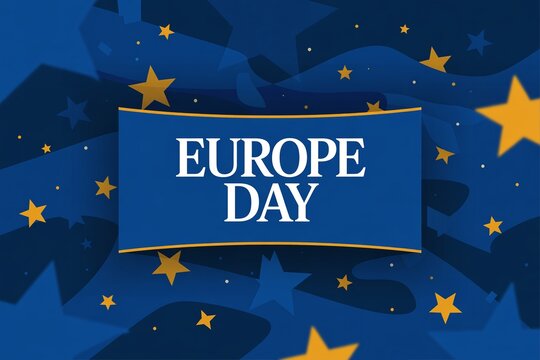 Europe Day Celebration Banner Featuring Golden Stars on Blue Background for European Union Anniversary Unity and Political Event Promotion