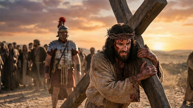 A man portraying Jesus is shown in profile, bowed under the weight of a heavy wooden cross. He wears a crown of thorns, and his face and clothing are marked with blood and grime.