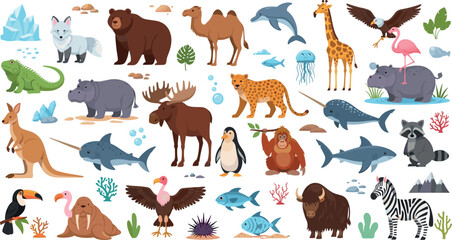 Global wildlife animals collection with land sea and arctic species lion giraffe shark penguin cartoon illustration set © Mominul