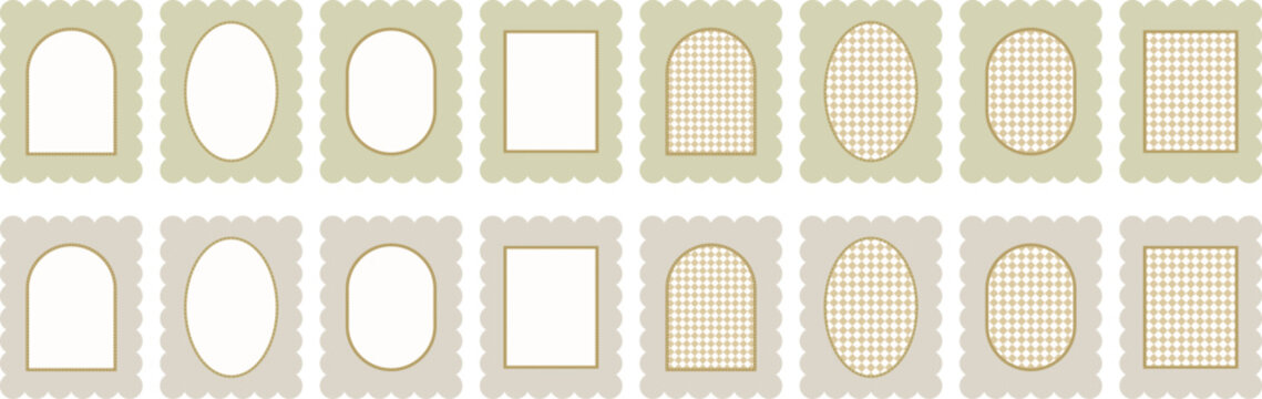 Elegant scalloped vintage frames set in beige tones with gold outlines and checkered details. Decorative retro label templates with oval, square and arch shapes for branding and packaging