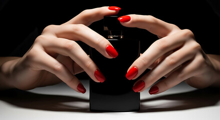 Luxury Red Manicure Holding Black Perfume Bottle in Dark Setting