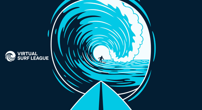Dynamic Virtual Surf League Illustration Featuring a Surfer Riding a Barrel Wave