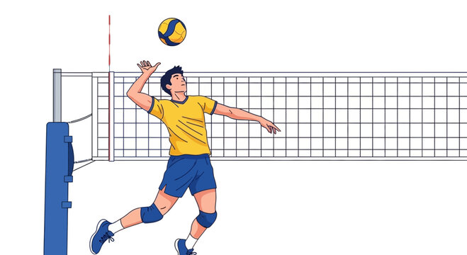 Dynamic Volleyball Player Executes Powerful Spike Over Net