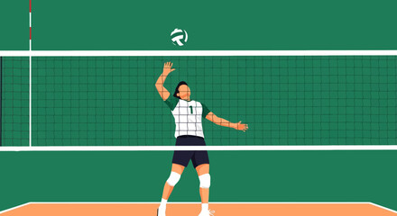 Obraz premium Dynamic Volleyball Player Serving Ball In Action Flat Design Graphic