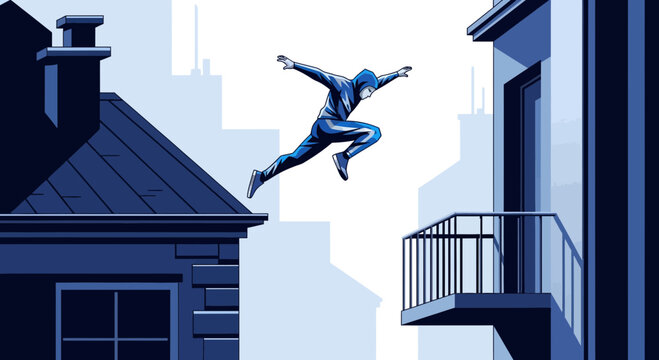 Dynamic Urban Acrobatics Rooftop Leap Extreme Sports Movement