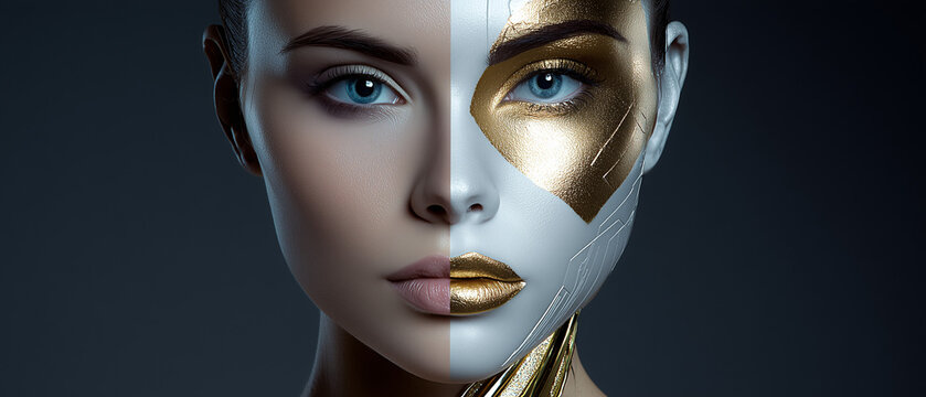 Futuristic woman with half-painted face showcasing gold and white design  
