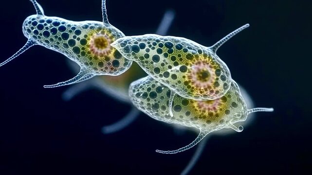 Microscopic protozoa dividing through binary fission