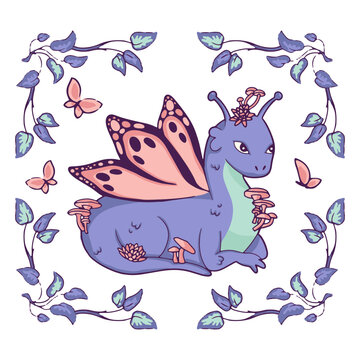 Blue and purple dragon with butterflies and leaves