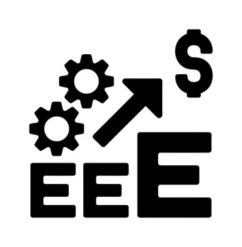 Vector icon showing gears, an upward arrow, and a dollar sign