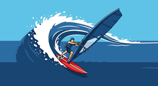 Dynamic Windsurfer Conquering A Majestic Ocean Wave In Action
