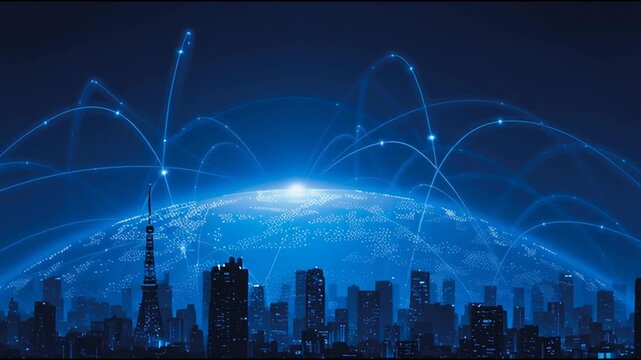 Smart digital city with connection cyber security network reciprocity over the twilight cityscape.future wireless digital city and social media networking systems that connects people within the city