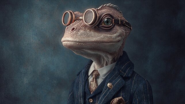 A lizard-like humanoid dressed in formal business clothing, wearing pince-nez glasses.
