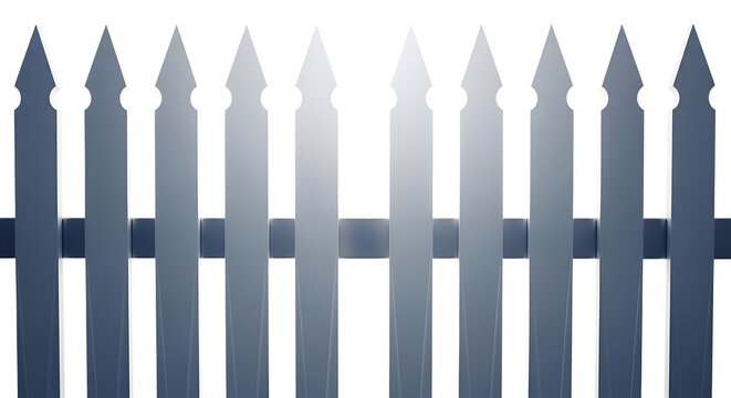 Dark blue metal picket fence isolated on white background with pointed tips