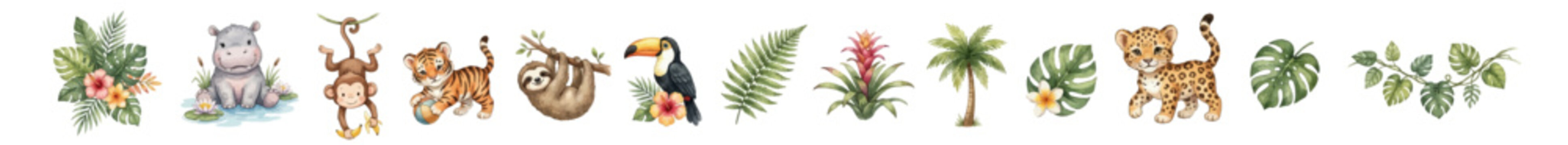 Cute tropical animals, jungle elements, exotic plants in soft watercolor style for kids design, nursery decor and summer themes. Collection of Vector illustrations for invitation, card, poster, banner