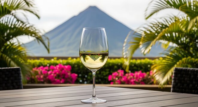 Glass of white wine on table, volcano backdrop, palm fronds, sunny day
