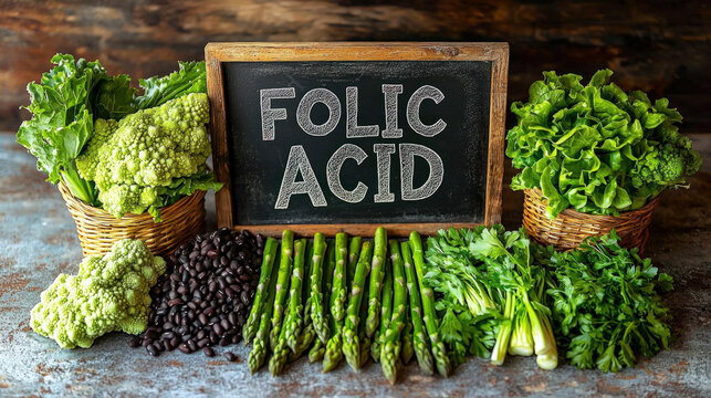 Text "FOLIC ACID" on a chalkboard, surrounded by asparagus, black beans and romaine lettuce