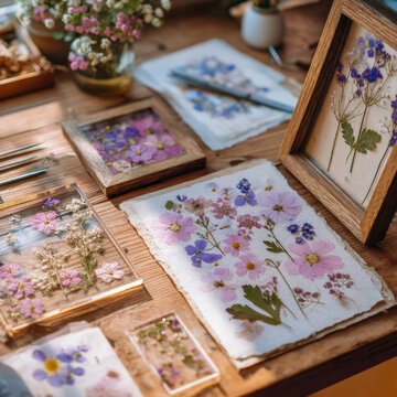 Pressed Flower Herbarium Workspace With Framed Botanical Art and Handmade Floral Paper Crafts on a Wooden Table