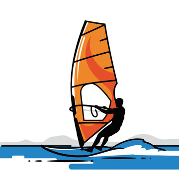 Dynamic Windsurfing Action Silhouette On Water Dynamic Movement Extreme Sport Illustration