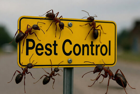 A yellow sign reads &ldquo;Pest Control&rdquo; with numerous ants crawling on it and surrounding the sign.