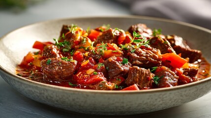 Fototapeta premium A chunky beef goulash with diced tomatoes and paprika oil drizzle rests in a ceramic bowl on a farmhouse counter under soft window light