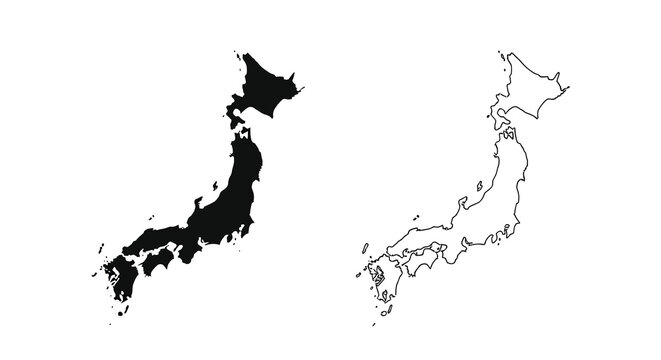 A depiction of japan s map presented in both filled black and white outline versions