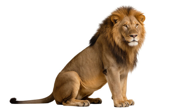 Isolated majestic male lion sitting gracefully, looking at camera with striking yellow eyes