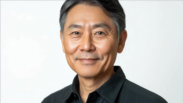 A middle-aged oriental man in a black shirt smiles confidently against a white background, creating a professional video for business or social media.