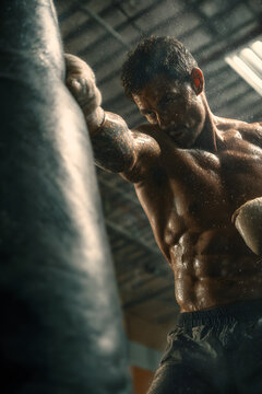 Muscular boxer training with punching bag in dark gym with dramatic lighting
