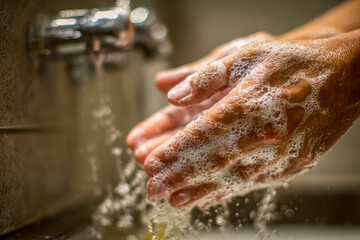 Fototapeta premium Person washing hands thoroughly with soap and water under faucet to maintain hygiene and prevent the spread of germs and infections