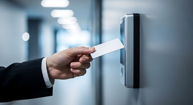 Hand in suit holds card to security access point, office hallway background