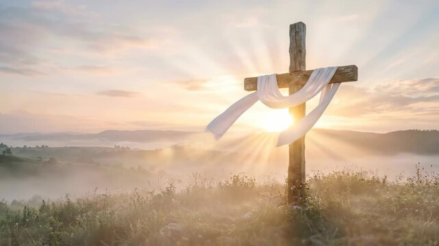 Wooden cross draped in white cloth stands on a foggy hill at sunrise. Faith and resurrection concept representing god with light rays shining through morning sky.