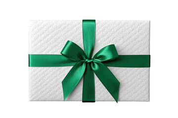 Naklejka premium White gift box with a textured surface, wrapped with a vibrant green silk ribbon and an elegant bow, presented on a transparent background