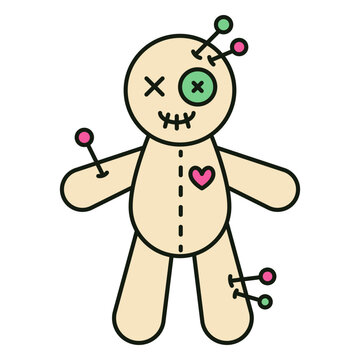 Stuffed voodoo doll with pins and a heart on it