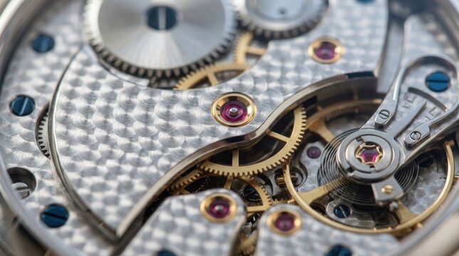 Detailed macro photograph of a luxury mechanical watch movement with visible gears, jewels, and intricate perlage decoration.