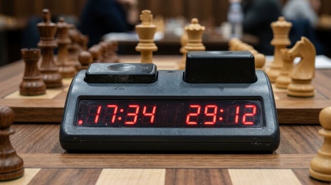 Digital Chess Clock with Red Numbers During a Tournament Game.