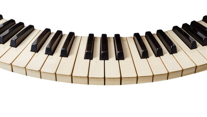 Isolated elegant grand piano keyboard featuring black and white keys in a graceful curve. © Iura
