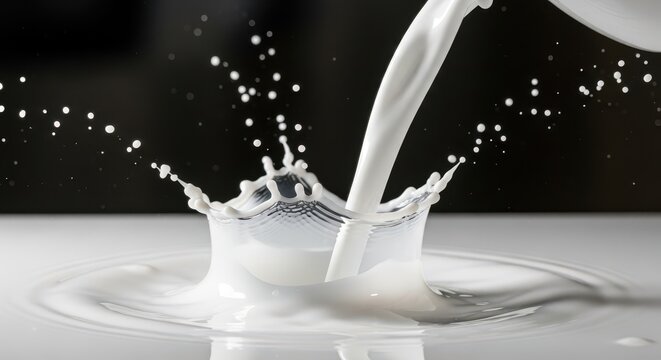 Abstract high-speed photography capturing a thick, white liquid pouring and splashing, creating delicate, silky wave patterns against a dark background, elegant, ripple, isolation