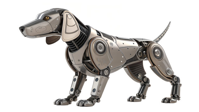 a robot dog with metallic textures isolated on transparent background